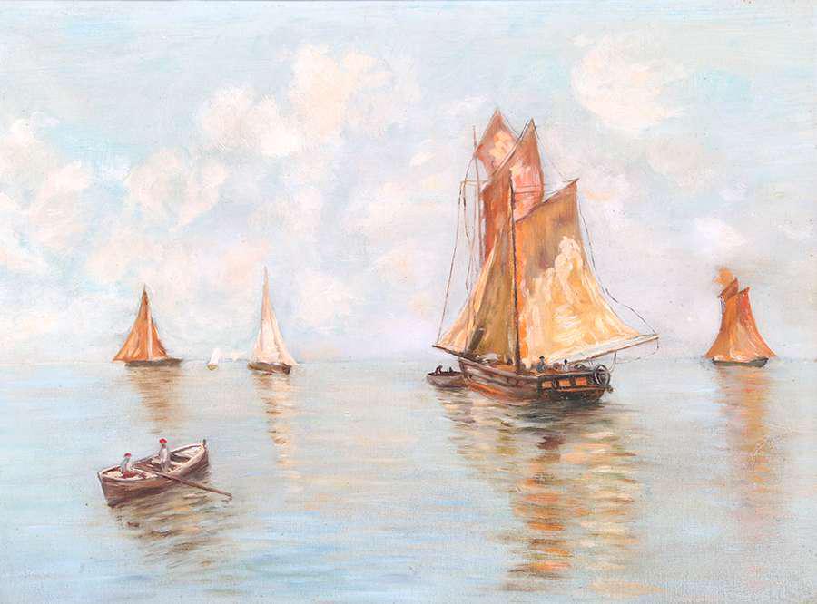Antique Painting - Oil on Board Sail Boats & Ship c1910 (1 of 2)