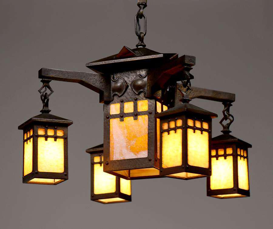 Arts & Crafts Hammered Brass & Slag Glass Chandelier (1 of 4)