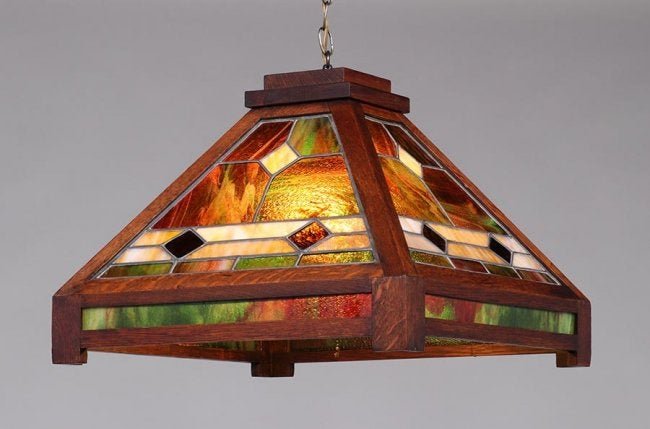 Arts & Crafts Oak & Leaded Glass Hanging Light c1910 (1 of 3)