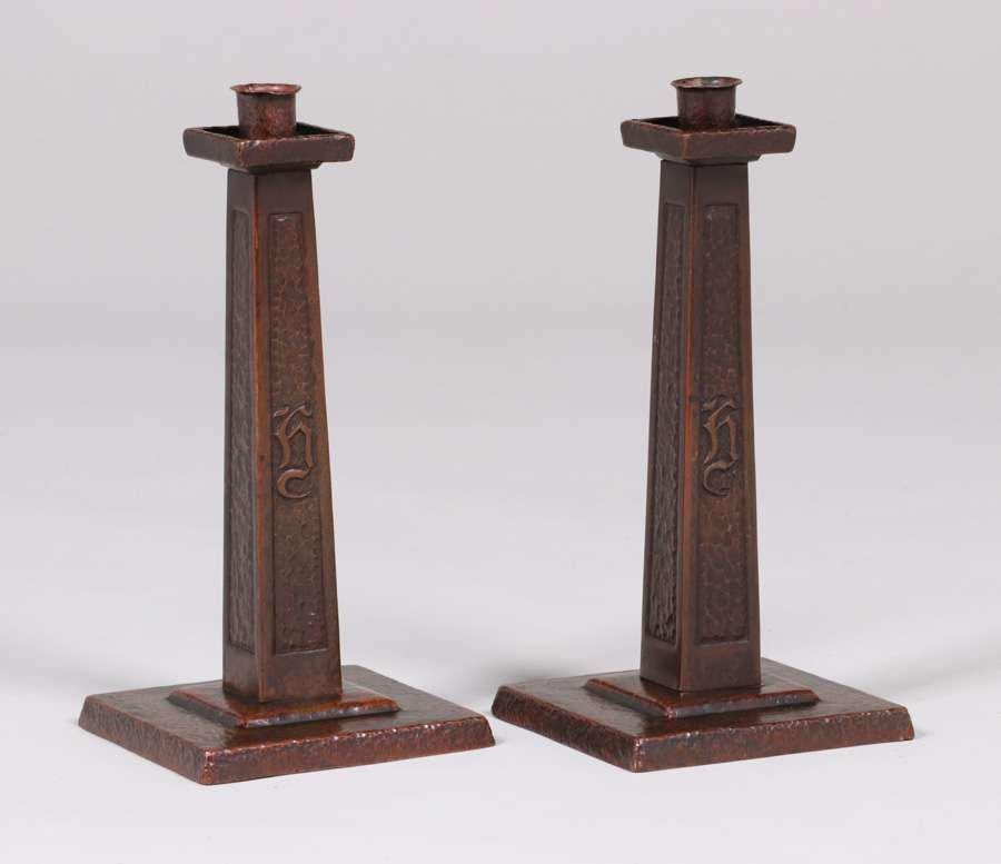 Pair Arts & Crafts Hammered Copper Square Candlesticks (1 of 4)