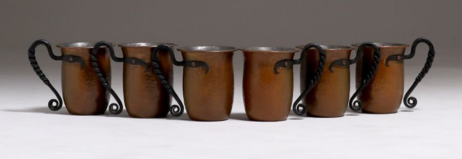 6 Arts & Crafts Hammered Copper & Iron Mugs c1910 (1 of 5)