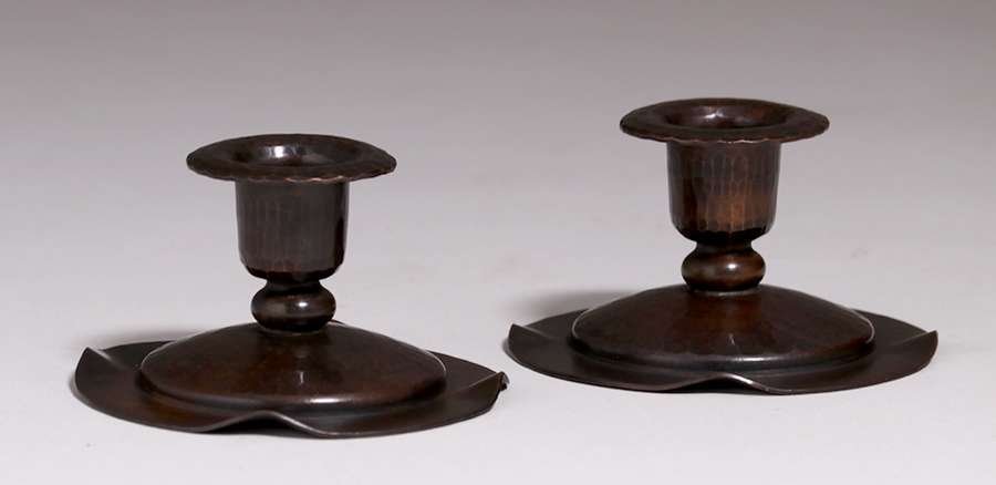 Pair Roycroft Hammered Copper Short Candlesticks (1 of 3)