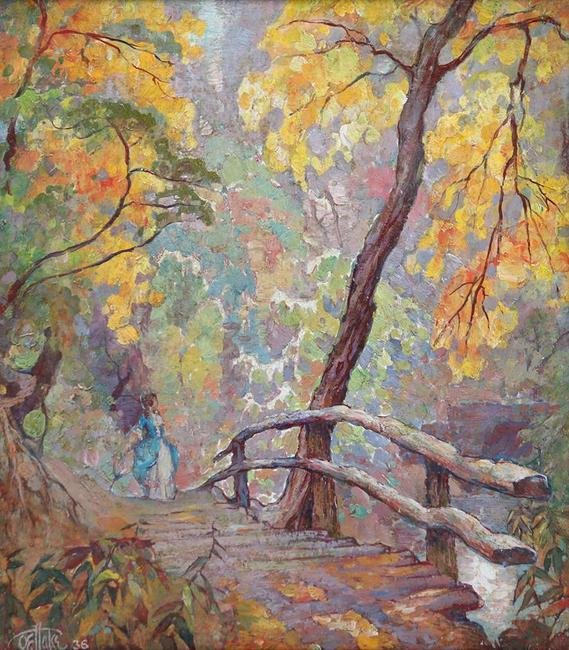 Otto Hake Oil Painting Chicago Woman & Bridge 1936 (1 of 3)