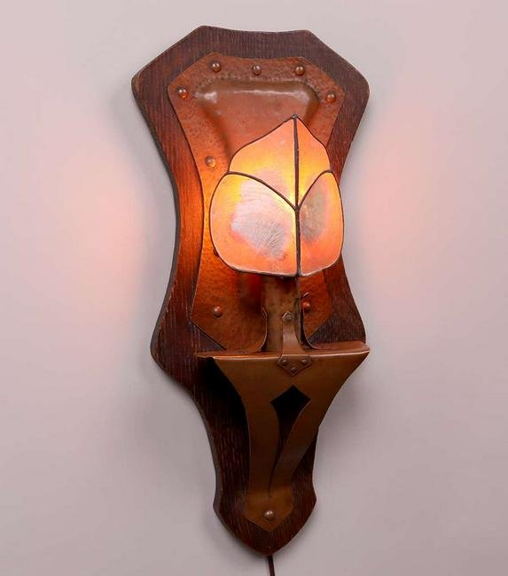 Arts & Crafts Hammered Copper, Oak & Shell Wall Sconce (1 of 6)