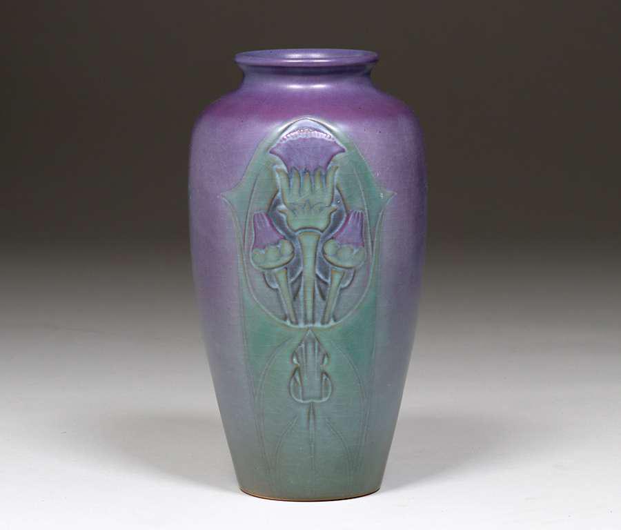 Rookwood Sara Sax Carved Purple & Green Thistle Vase (1 of 4)