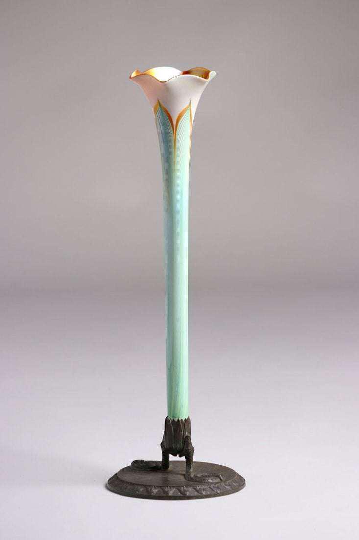 Rare Quezal Tall Fluted Vase Gorham Bronze Base c1910 (1 of 4)