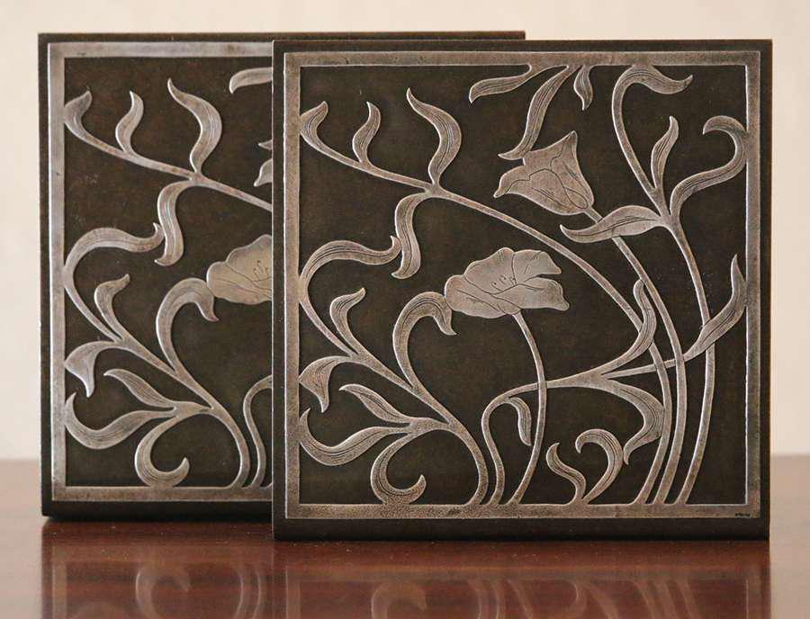 Heintz Sterling on Bronze Floral Overlay Bookends c1915 (1 of 2)