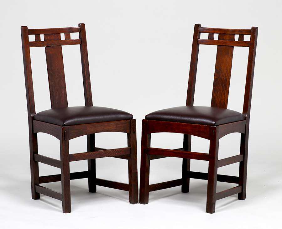 Pair of Limbert Side Chairs c1912: Pair of Limbert Side Chairs c1912. Signed. Very nicely refinished. Rock solid sturdy. 36.75"h x 17.5"w x 17"d. Spend $5000 or more at this auction and all of your SHIPPING IS FREE within the lower 48 