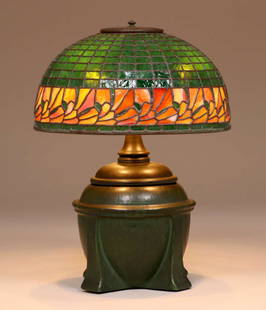 Bigelow Kennard Leaded Glass Poppy Lamp Wheatley Base: Bigelow Kennard & Co - Boston Leaded Glass Poppy Lamp Wheatley Pottery Base c1905. Shade signed "Bigelow Kennard & Co Boston". Base signed "WP" and "610". The shade has a few cracked panels, base in p