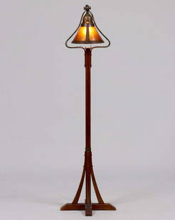 Gustav Stickley Oak Floor Lamp Michael Adams Copper &: Gustav Stickley Oak Floor Lamp Michael Adams Copper & Mica Shade. Unsigned. Excellent original finish. 57"h x 14". Spend $5000 or more at this auction and all of your SHIPPING IS FREE within the lower