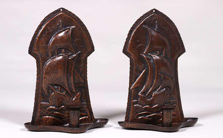 Pair Harry Dixon Galleon Ship Candle Sconces c1920 (1 of 2)