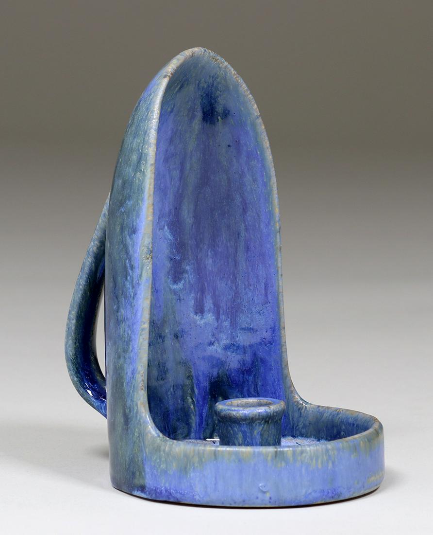 Fulper Pottery Blue Chamberstick c1910: Fulper Pottery Blue Chamberstick c1910. Glazed over signature. Perfect condition. 8"h x 4.75"w x 6"d. Spend $5000 or more at this auction and all of your SHIPPING IS FREE within the lower 48 states. S