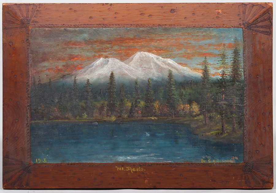 Samuel Houston Roberts Mt Shasta Painting on Redwood: Samuel Houston Roberts (1837-1915) Mt Shasta Painting on Redwood Panel. Dated May 11, 1911 on reverse and 1913 on front. Some minor paint loss near signature, otherwise excellent condition. 8″h 