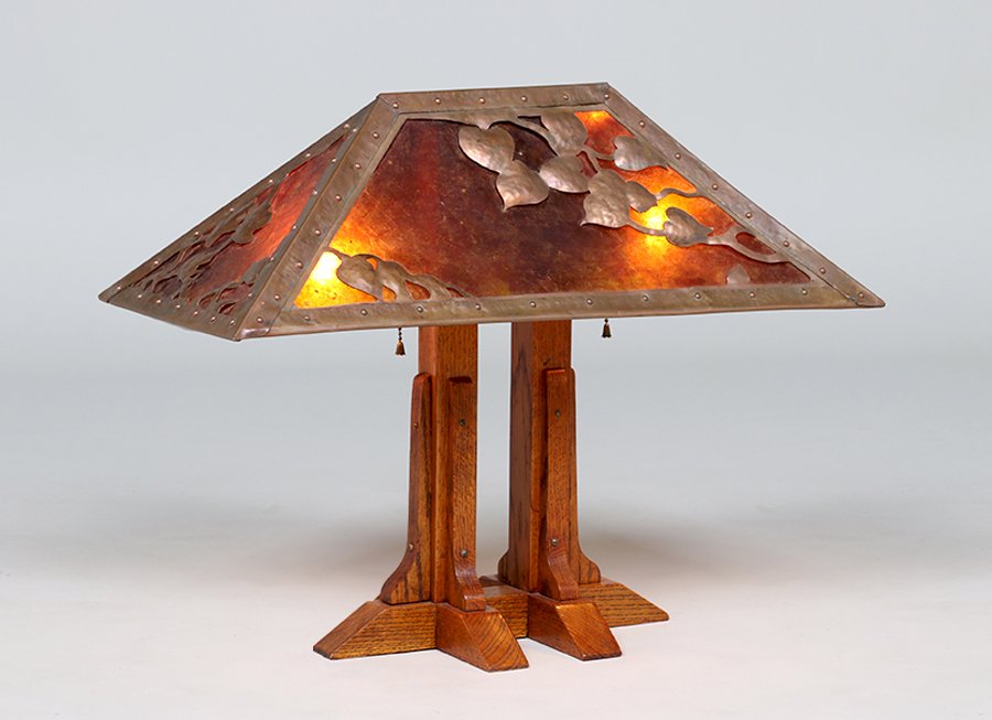 Contemporary Limbert Hammered Copper, Mica & Oak Lamp (1 of 3)