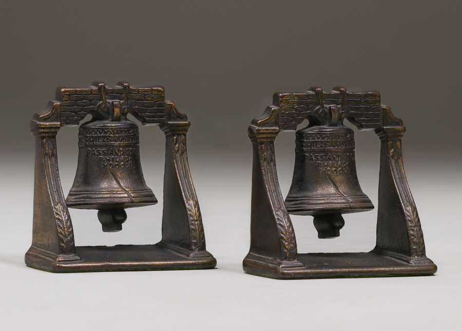 Pair Arts & Crafts Brass Liberty Bell Bookends c1910 (1 of 4)