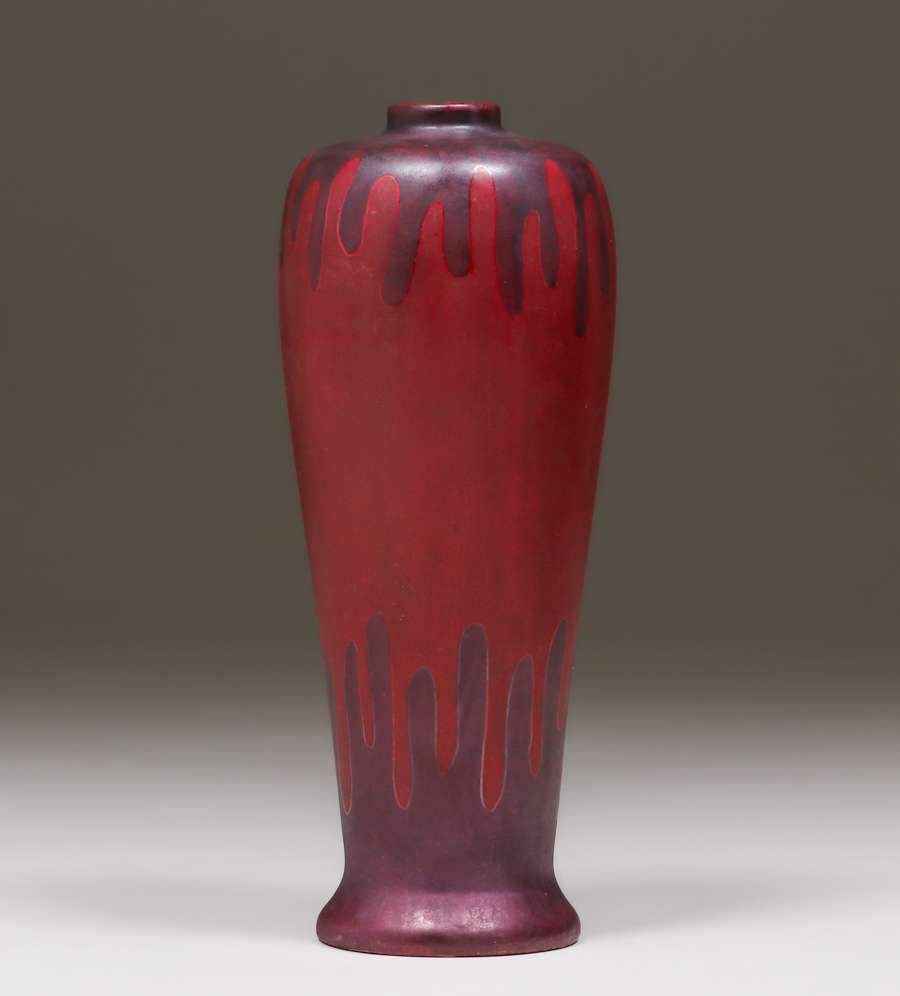 Swastika Keramos - Owens China Company Vase c1906-08: Rare Swastika Keramos - Owens China Company in Minerva, Ohio scenic vase with metallic luster glaze c1906-1908. This line was designed by John Lessell and pre-dates his work at Weller with a similar L