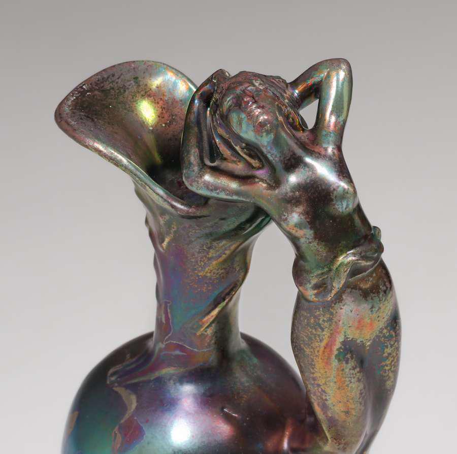 Alexandre Bigot Art Nouveau Figural Vase c1900s: Alexandre Bigot Art Nouveau Figural Vase c1900s. Marble base stuck to the bottom hides signature. Invisible professional restoration. 16"h x 5"d. Spend $5000 or more at this auction and all of your SH