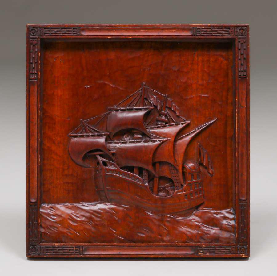 Boston Arts & Crafts Hand-Carved Galleon Ship Panel (1 of 2)