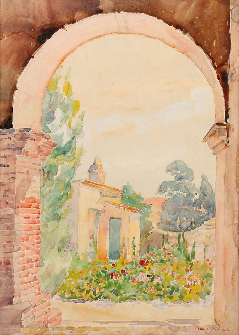 Samuel Gideon San Juan Capistrano Watercolor c1910: Samuel Gideon (1875 - 1945) San Juan Capistrano Watercolor c1910. SIgned. Excellent condition. 19.75"h x 13.75"w. Frame 23.5"h x 18"w. Spend $5000 or more at this auction and all of your SHIPPING IS F