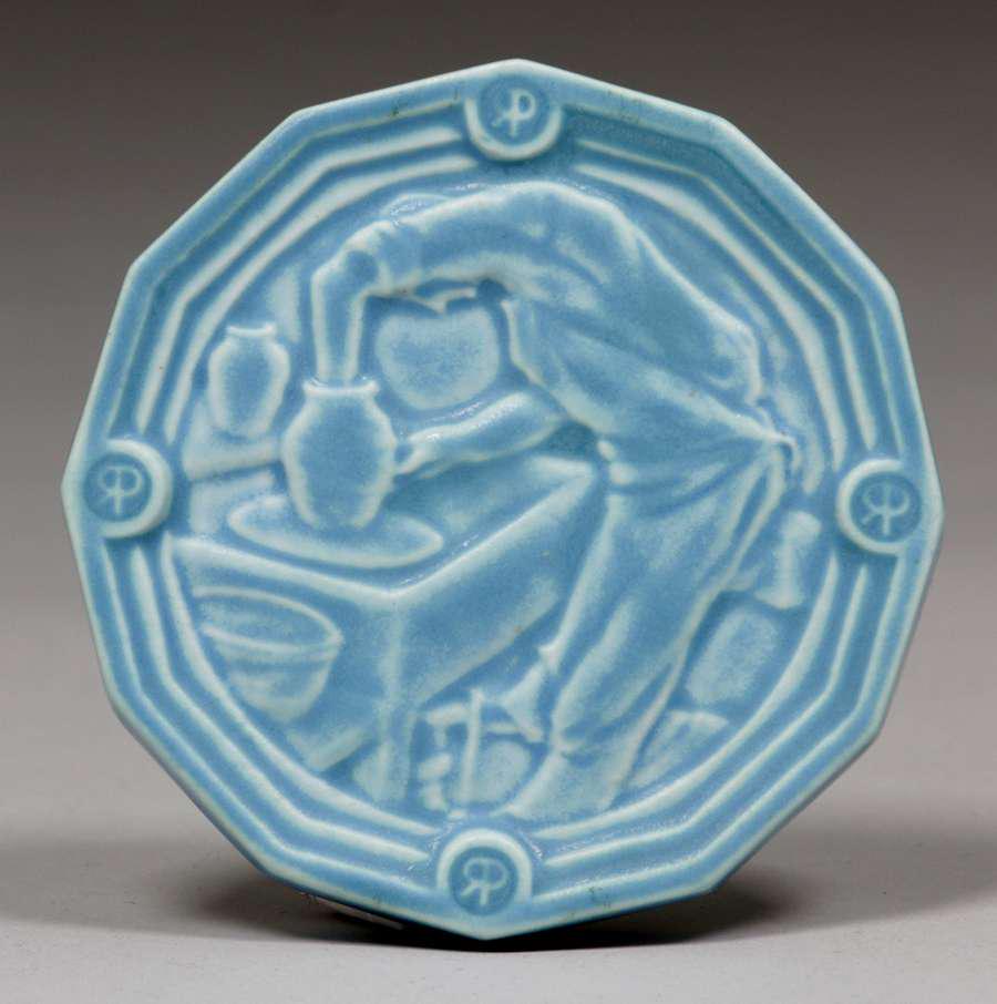 Rookwood "Potter at the Wheel" Tile 1935: Rookwood "Potter at the Wheel" Tile dated 1935. Perfect condition. 3.75"d. Spend $5000 or more at this auction and all of your SHIPPING IS FREE within the lower 48 states. SHIPPING We box and ship our