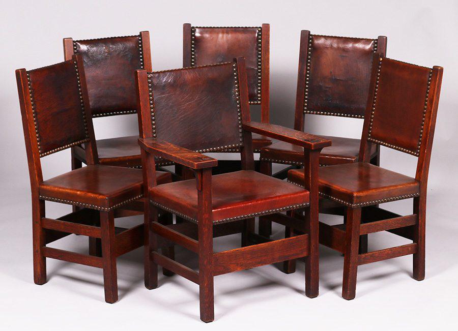 Set of 6 Gustav Stickley Leather-Back Chairs (1 of 5)