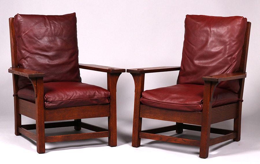 Pair Early Gustav Stickley Large Armchairs c1902 (1 of 6)