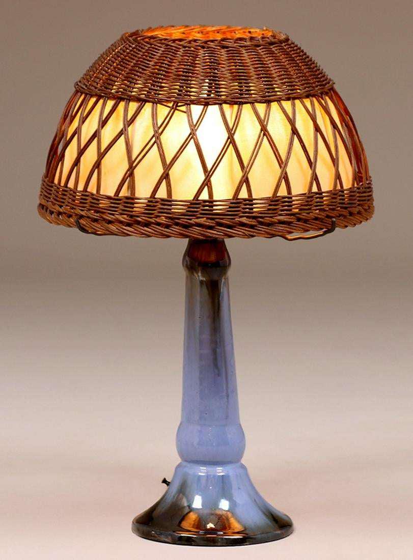 Fulper Pottery Lamp with Wicker Shade (1 of 5)