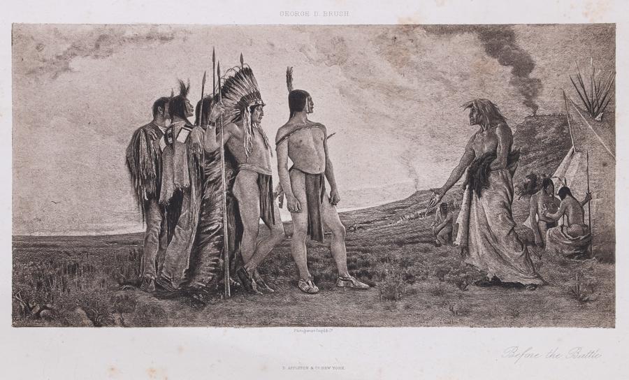 George D. Brush Photogravure "Before the Battle" c1886: George D. Brush (1855-1941) Photogravure "Before the Battle" c1886. Some foxing. Unframed. 16"w x 12.5"h. Image 6"h x 11.75"w. Spend $5000 or more at this auction and all of your SHIPPING IS FREE with