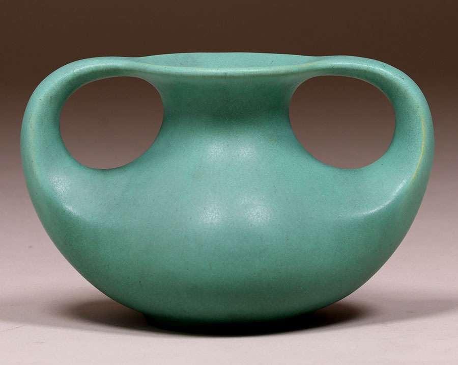 Teco Pottery Matte Green Two-Handled Oval Vase c1910 (1 of 4)