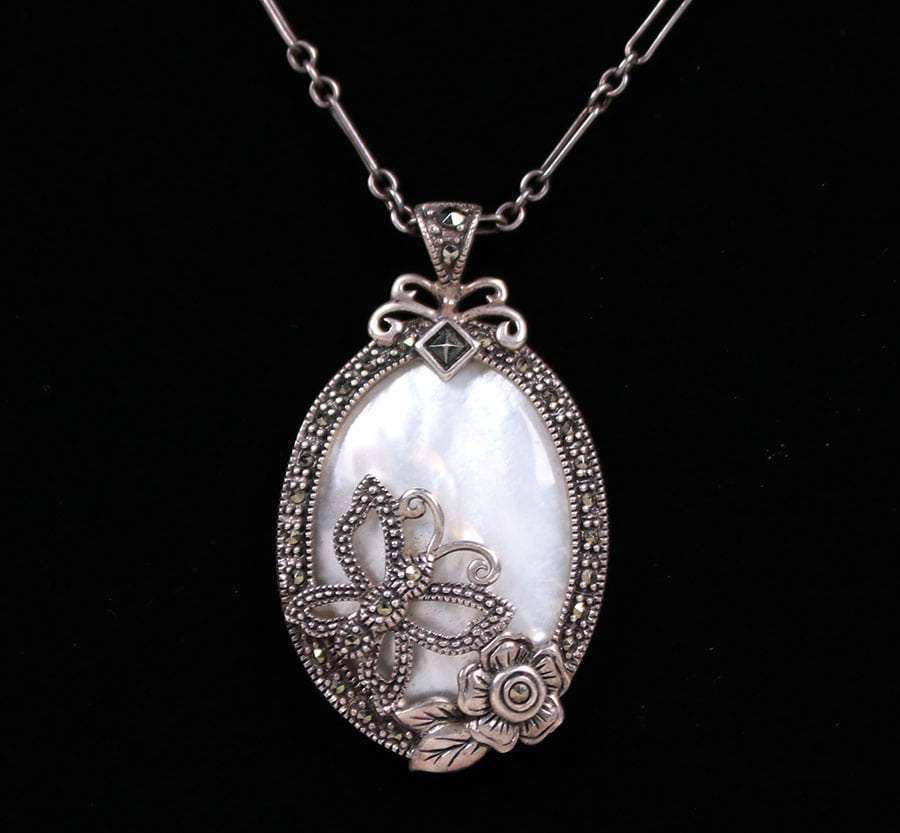 Arts & Crafts Silver Mother-of-Pearl Butterfly Necklace (1 of 2)