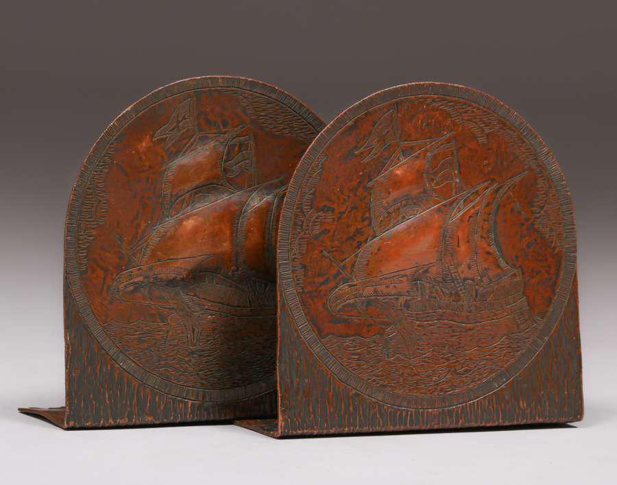 Hammered Copper Acid-Etched Galleon Ship Bookends (1 of 1)