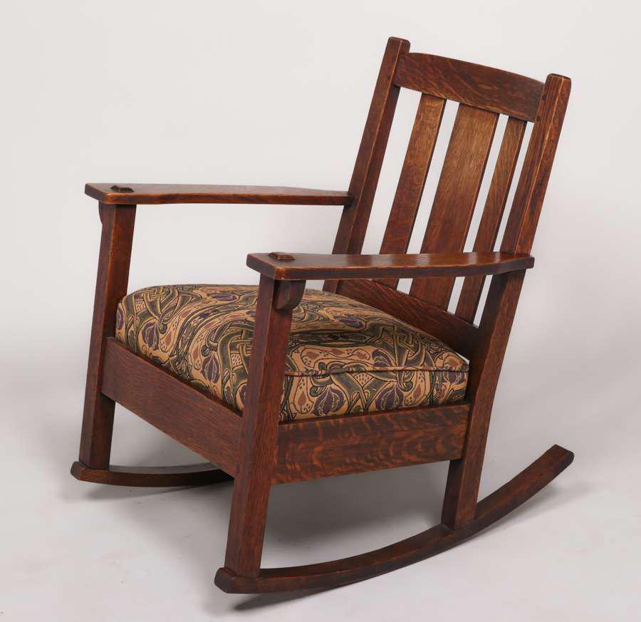 Limbert Rocker c1910: Limbert Rocker c1910. Signed with branded mark. Excellent original finish. Rock solid sturdy. 32.5"h x 26.25"w x 30.5"d. Spend $5000 or more at this auction and all of your SHIPPING IS FREE within the