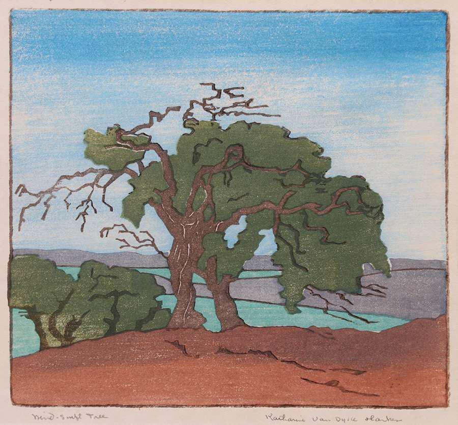 Katherine Van Dyke Harker Woodblock "Wind-Swept Tree" (1 of 4)
