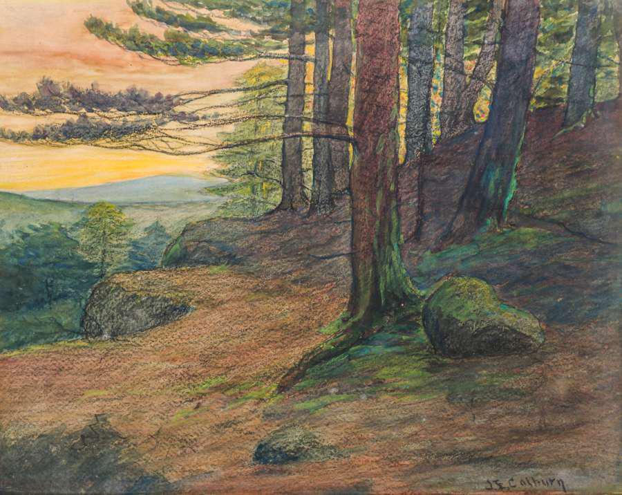 Joseph Elliott Colburn Sunset Pine Trees Pastel c1910 (1 of 3)