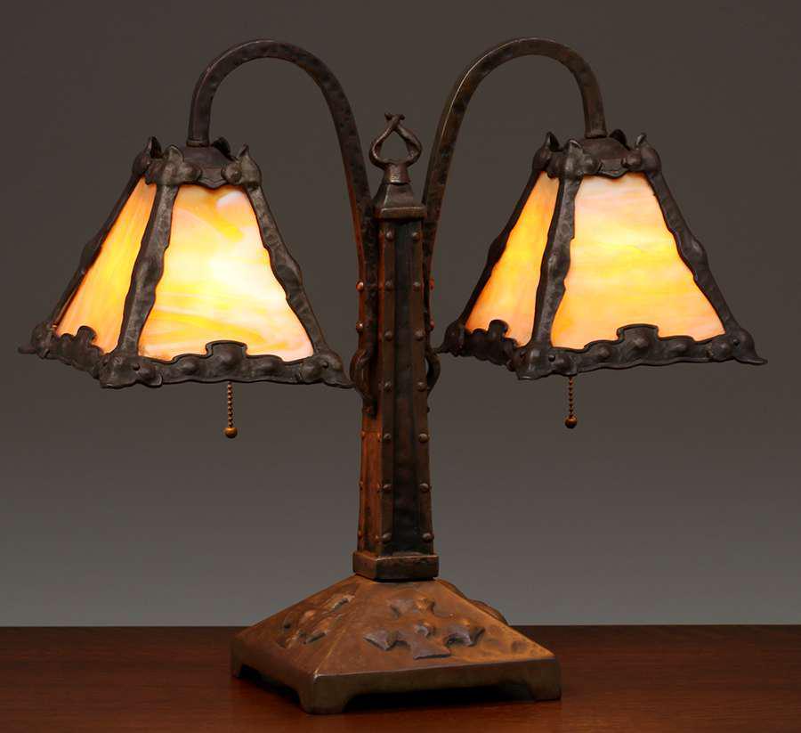 Arts & Crafts Iron & Slag Glass Lamp c1910s (1 of 5)