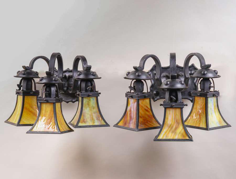 Pair Arts & Crafts Iron & Slag Glass Triple Sconces (1 of 8)