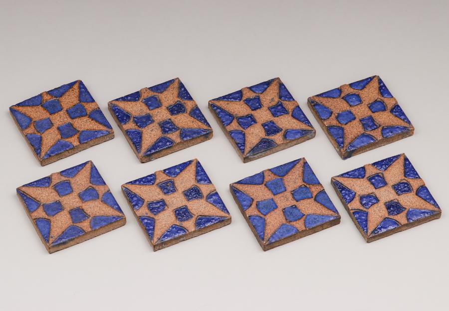 8 Grueby Matte Blue Starburst Tiles c1910 (1 of 4)