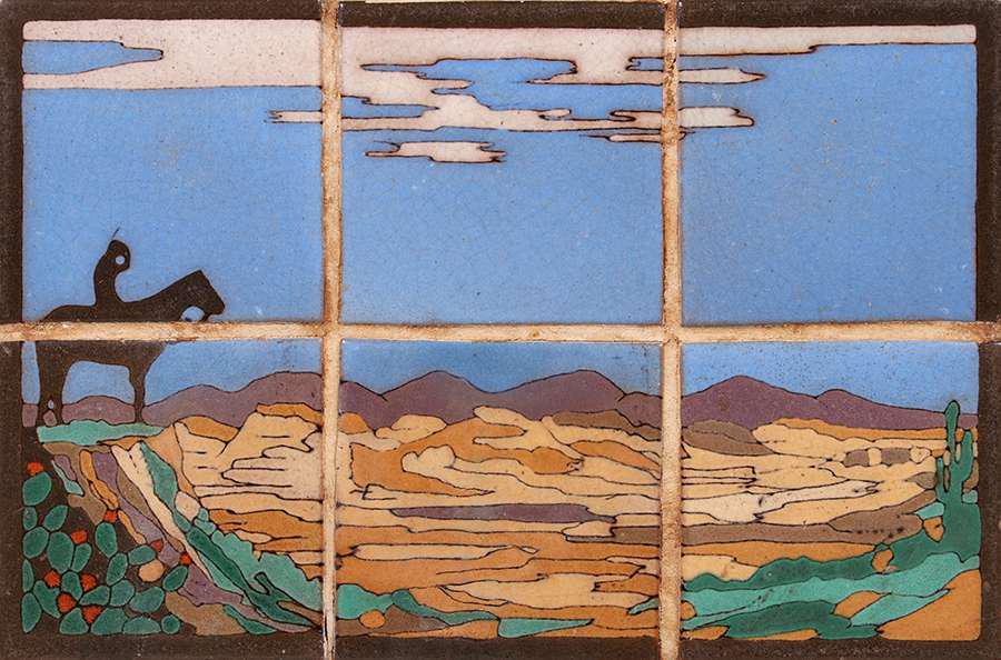 Taylor Tile Co Six-Tile Native American on Horseback: Taylor Tile Co - Los Angeles Six-Tile Native American on Horseback c1930s. Unsigned. Invisible professional restoration to one tile. Mounted in contemporary hand-forged iron frame. 12"h x 18"w. Iron f