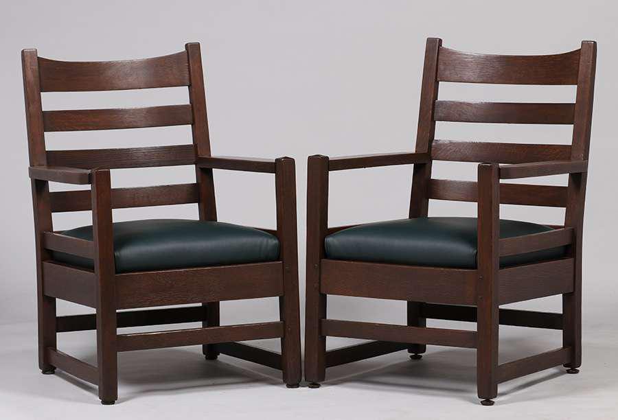 Pair Early Gustav Stickley #2604 Ladderback Armchairs (1 of 4)