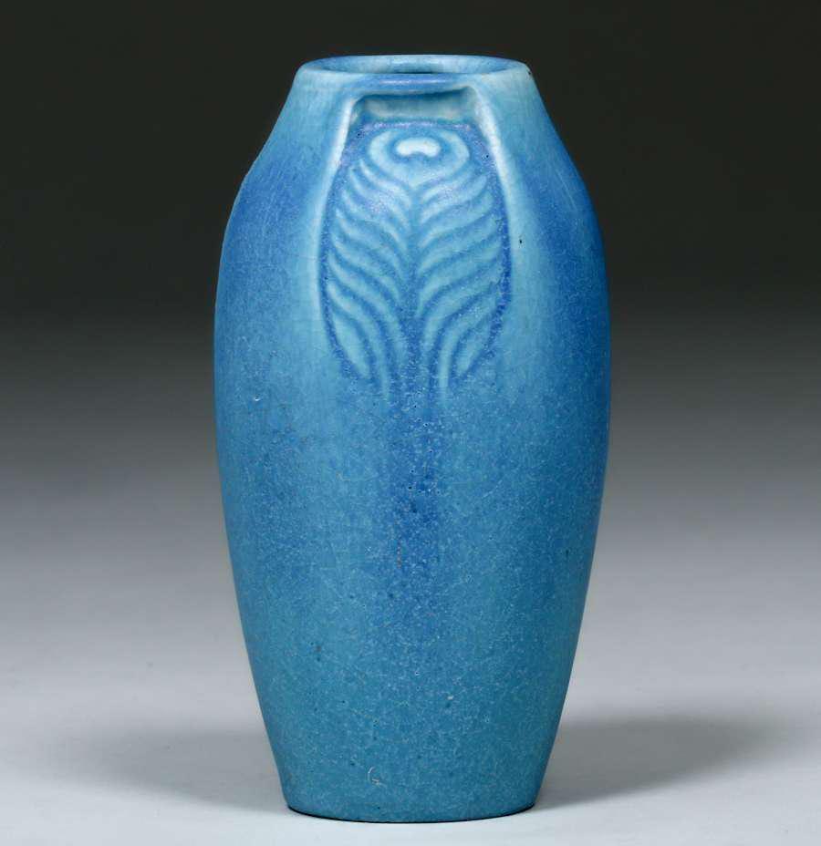 Rookwood Matte Blue Peacock Feather Vase 1917 (1 of 3)