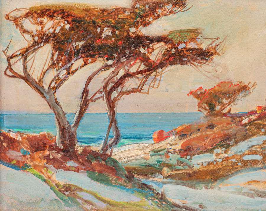 Frederick W Becker CA Monterey Cypress Painting c1930s: Frederick William Becker (1888 - 1974) California Monterey Cypress Painting c1930s. Signed. Excellent condition. 8"h x 10"w. Frame 10"h x 12"w. Spend $5000 or more at this auction and all of your SHIP