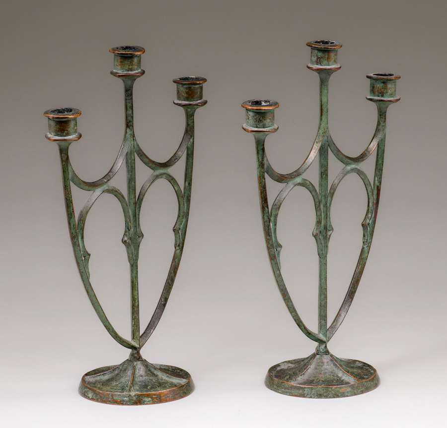 Pair E.T.Hurley Triple Bronze Candelabras c1920s (1 of 4)