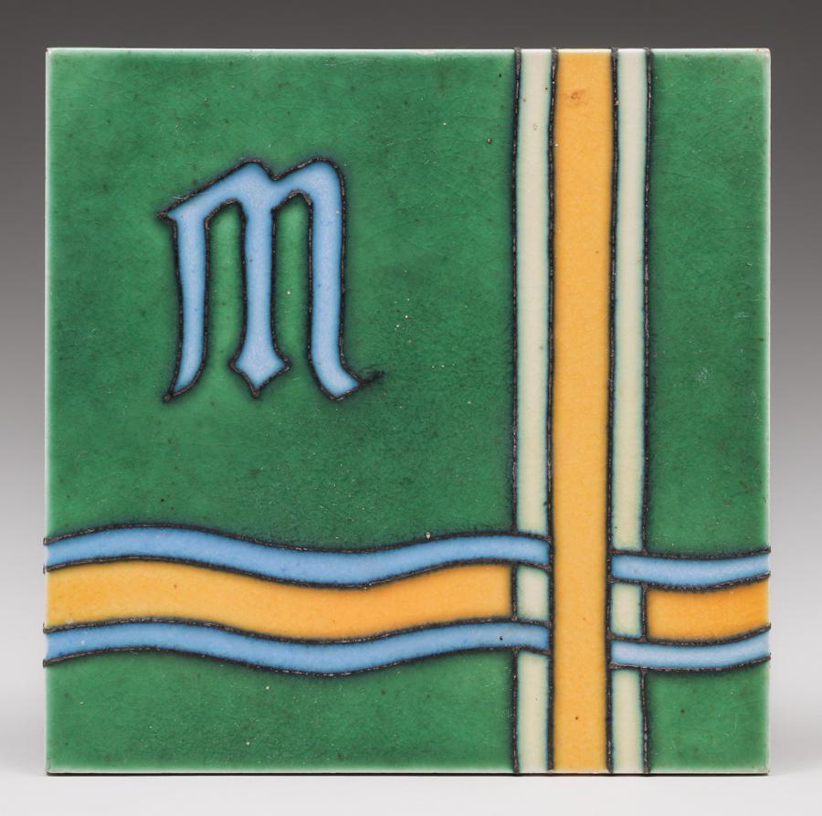 Arts & Crafts Matte "M" Tile c1920s: Arts & Crafts Matte "M" Tile c1920s. Unsigned. Previously installed and a few chips to back edge. 6" x 6". Spend $5000 or more at this auction and all of your SHIPPING IS FREE within the lower 48 stat