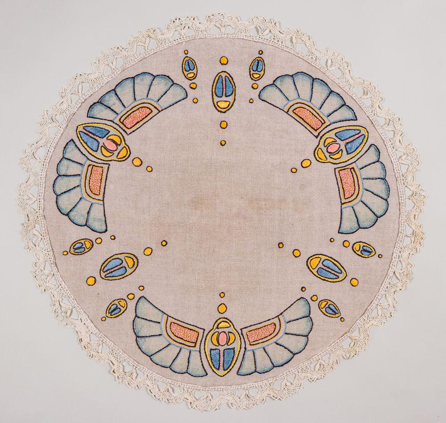 Arts & Crafts Embroidered Scarab Round Linen c1920s (1 of 4)