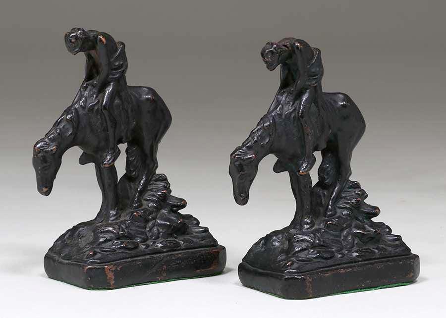 Armor Bronze Company "End of the Trail" Bookends: Armor Bronze Company - Buffalo, NY "End of The Trail" Bookends c1920. Signed. Excellent original patina. 6.25"h x 4.25" x 2". Spend $5000 or more at this auction and all of your SHIPPING IS FREE withi
