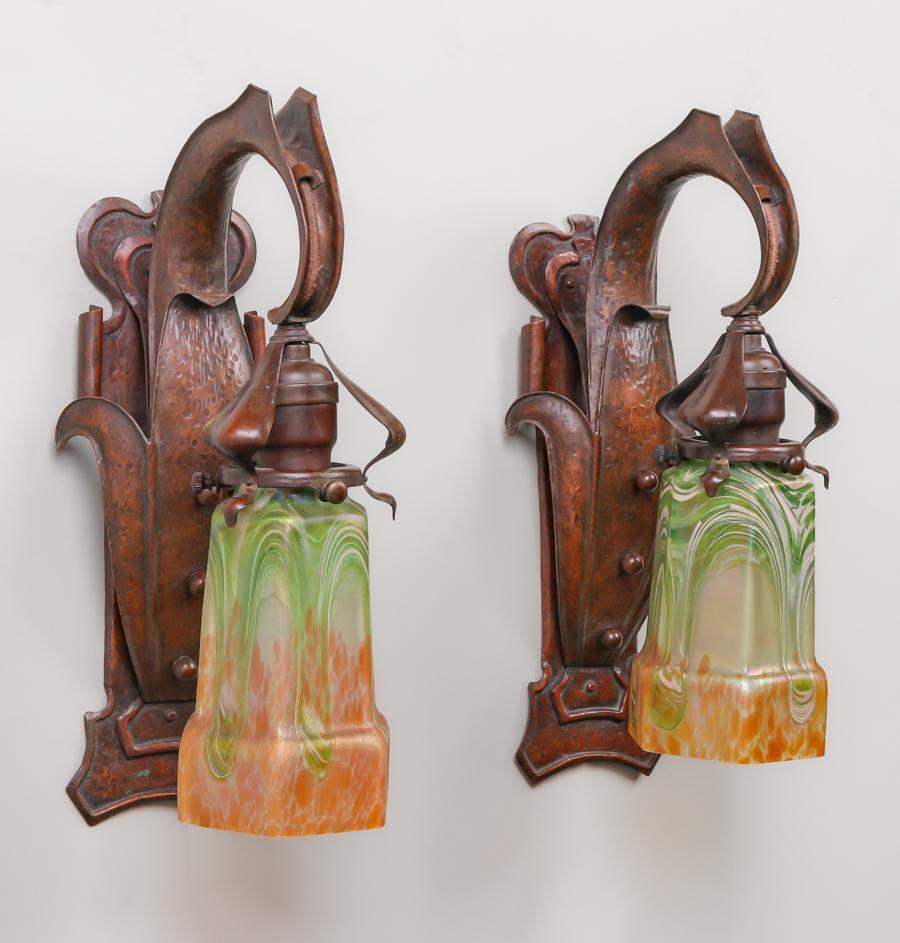 Pair Handel Hammered Copper Sconces c1910 (1 of 5)