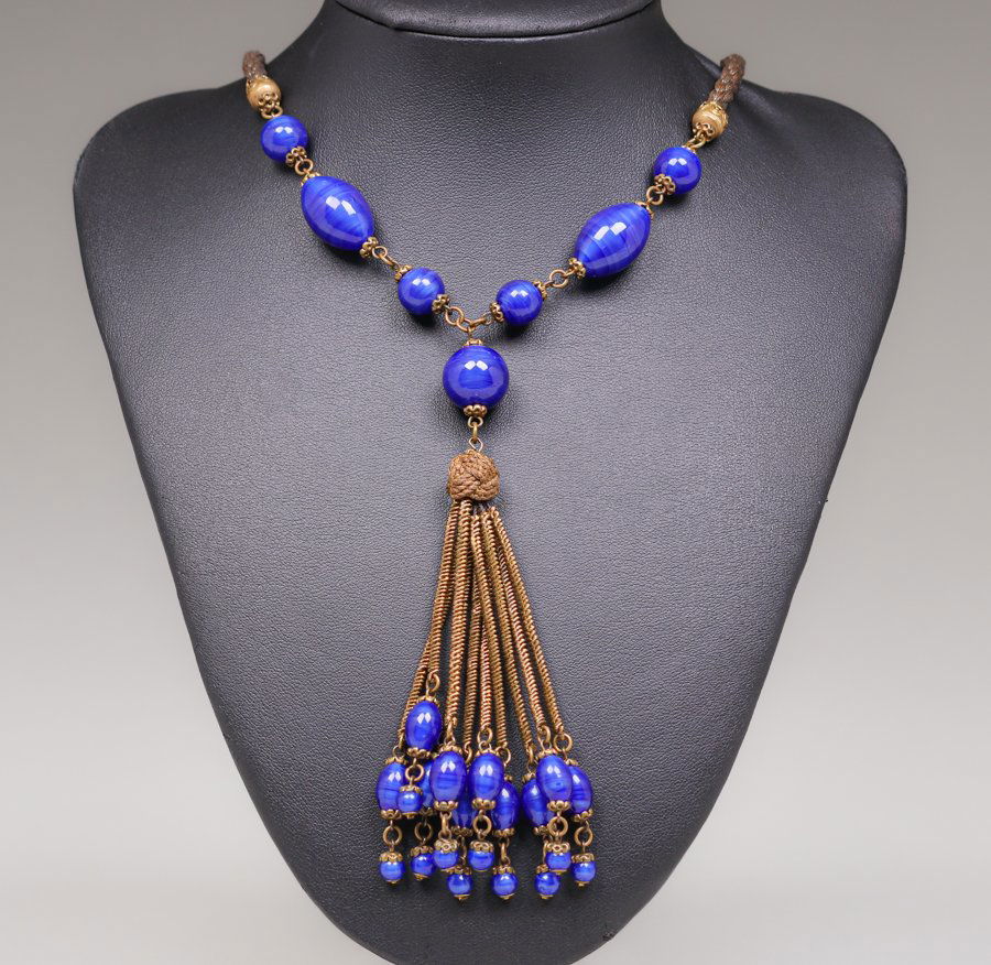 Unusual Cobalt Bead Long Gold Threaded Necklace c1920s (1 of 4)