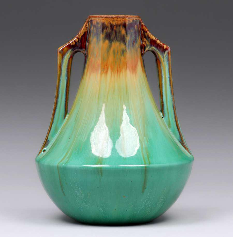 Fulper Pottery Mahogany & Green Flambe Two-Handled Vase (1 of 4)
