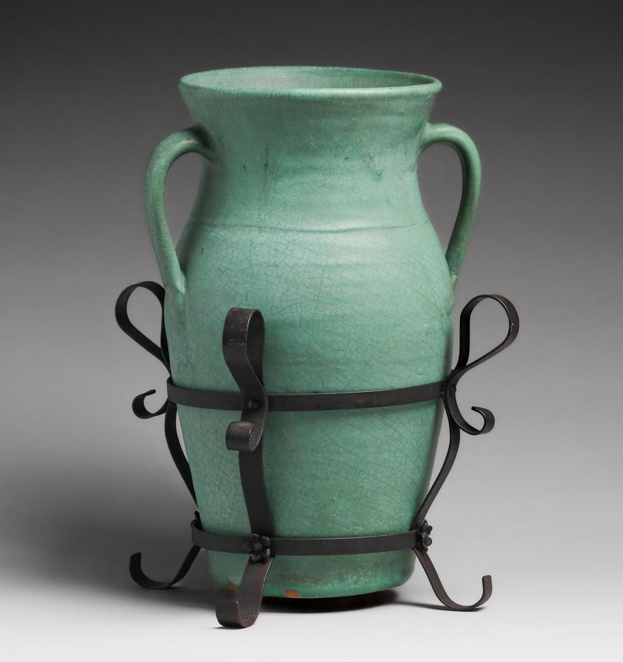 Large Matte Green Two-Handled Vase Iron Stand c1910 (1 of 4)