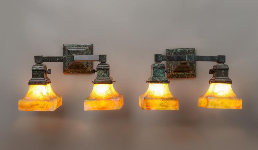 Pair Arts & Crafts Brass Double Sconce Lights c1910s (1 of 3)